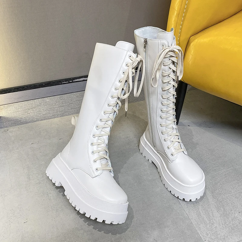 2024 New Thicken Winter Knight Boots Women Knee High Long Square Heel Boots Retro Thick Motorcycle Boots Black White Botas Mujer