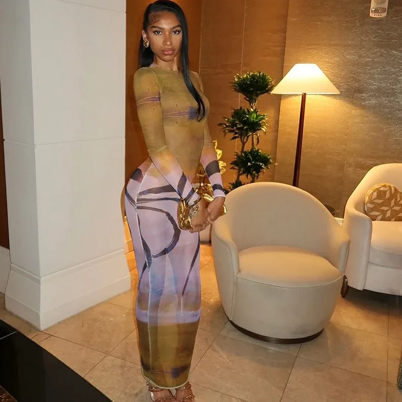 Feminino estilo retro impressão gola alta manga longa sem costas quadris embrulhado vestido longo, gaze emendada leve perspectiva, sexy