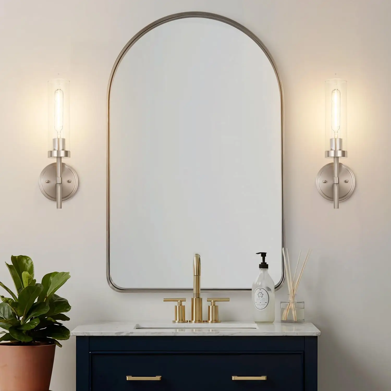 Brushed Nickel Hardwired Wall Sconces Set of 2, Modern Bathroom Sconces Vanity Light Fixture, Farmhouse Wall Mount Lamps