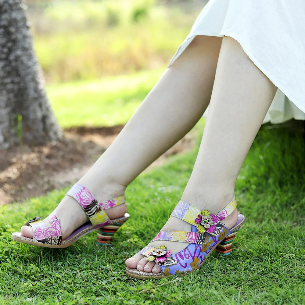 Socofy Raffan Flower Sheepskin LeatherHook Elegant Big Size Ethnic Women Sandals Summer Shoes Sandals
