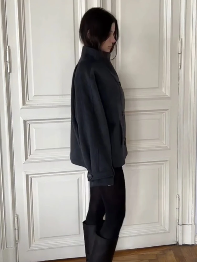 2026 Modischer Grauer Kunstwollmantel für Damen, Minimalistischer Stehkragen, Doppelreihige Lose Jacke, Frühling/Herbst, Einfarbige Damen-Oberbekleidung, Neu – Detail 9