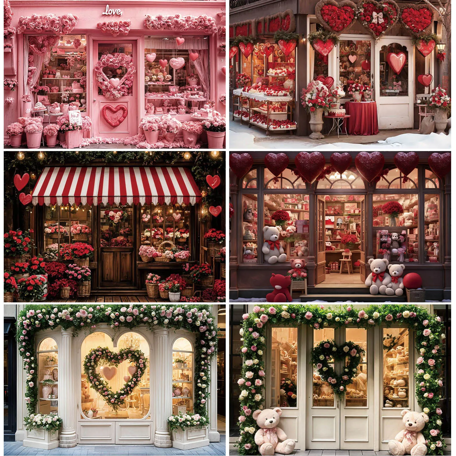 Flower Shop Photography Backdrop Red Pink Floral Valentine’s Day Heart Valentine’s Day Party Decor Festival Portrait Background