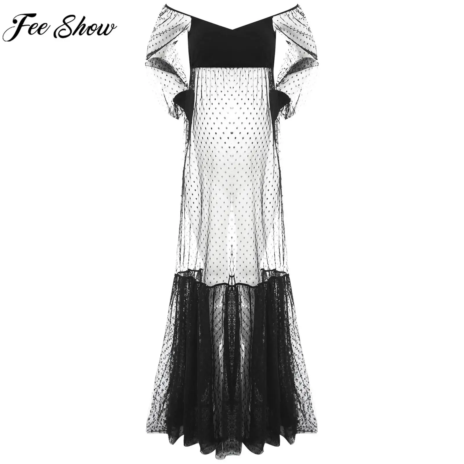 Pregnant Woman Photography Maxi Dress Bubble Sleeve Off-shoulder Polka Dots Sheer Mesh Split Gown for Sleepwear Pageant Party