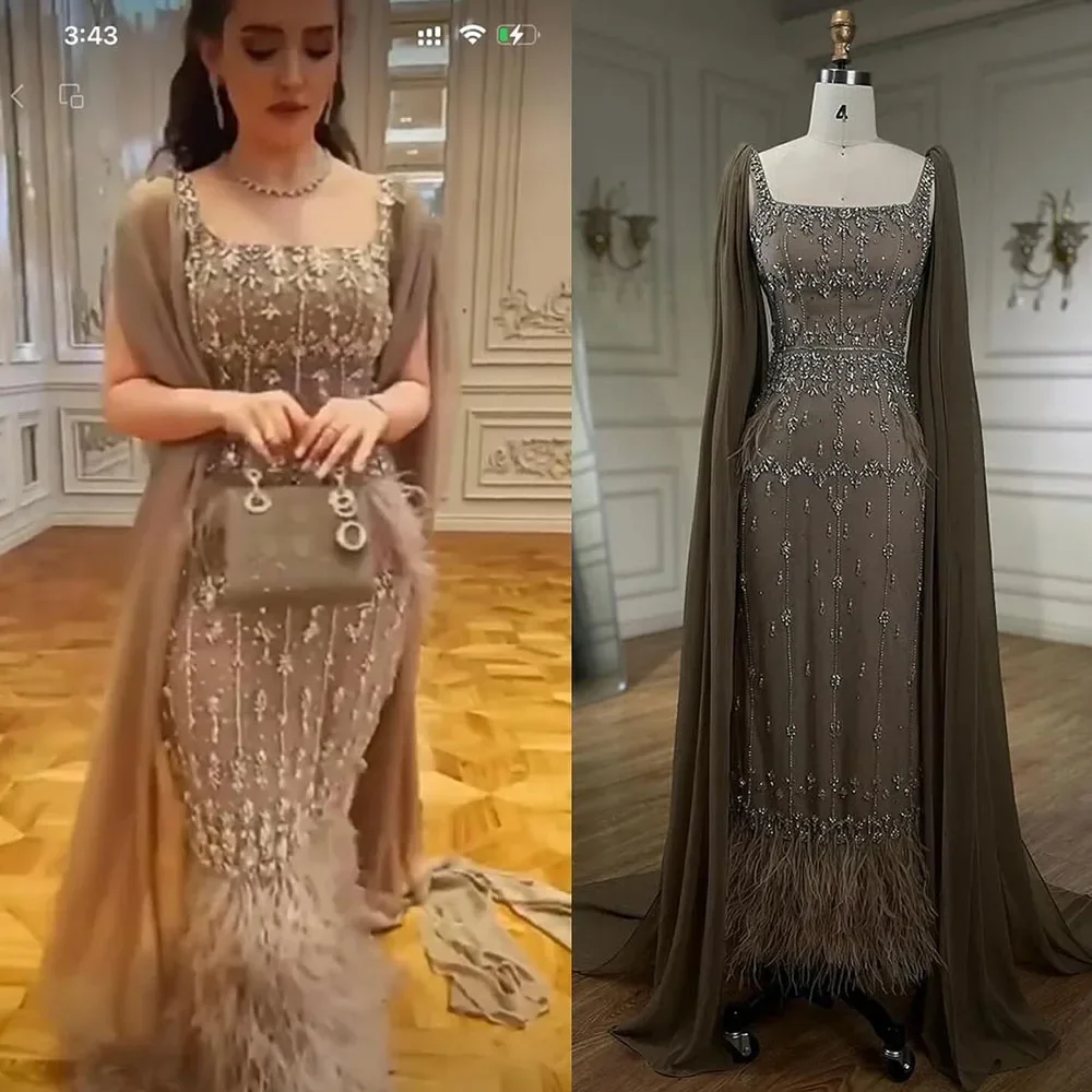 Serene Hill caramel Mermaid Ankle Length Evening Dresses Gowns Luxury Beaded Feather wedding Party 2025 Customize LA71492B