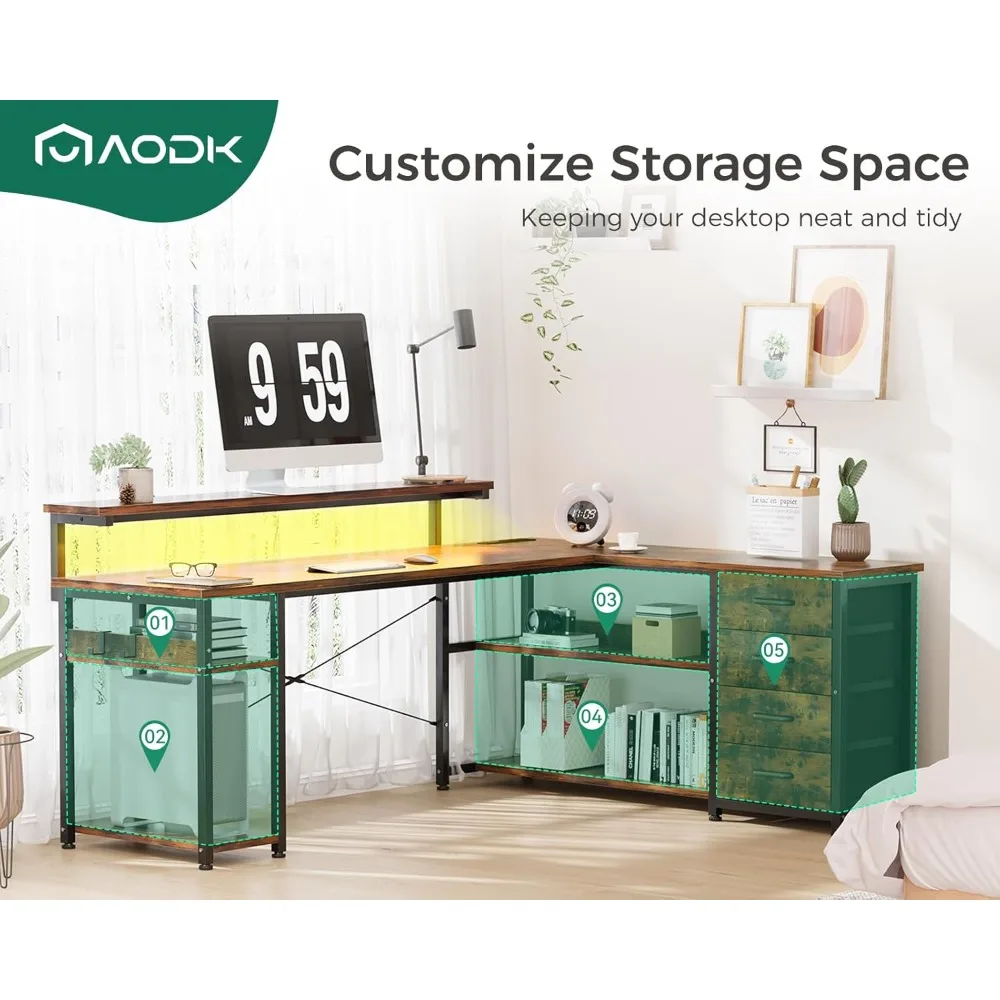 مكتب ألعاب على شكل حرف L قابل للعكس مع درج ومنافذ طاقة وأضواء LED للاستخدام المنزلي والمكاتب #6