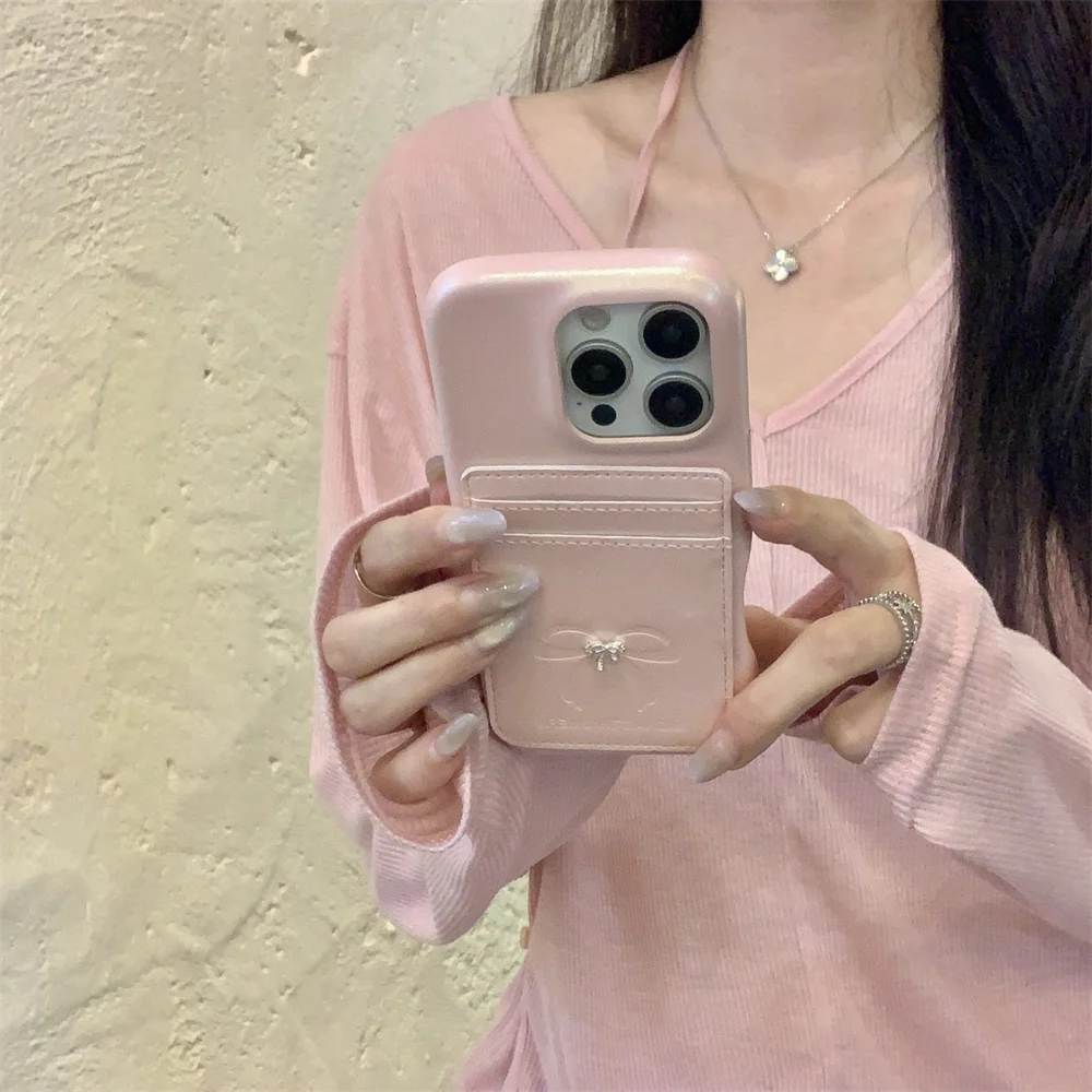 

Luxury leather cute bow with card bag phone case for iPhone 16 ProMax 14 13 15Pro Fundas with coin wallet cute protective cover