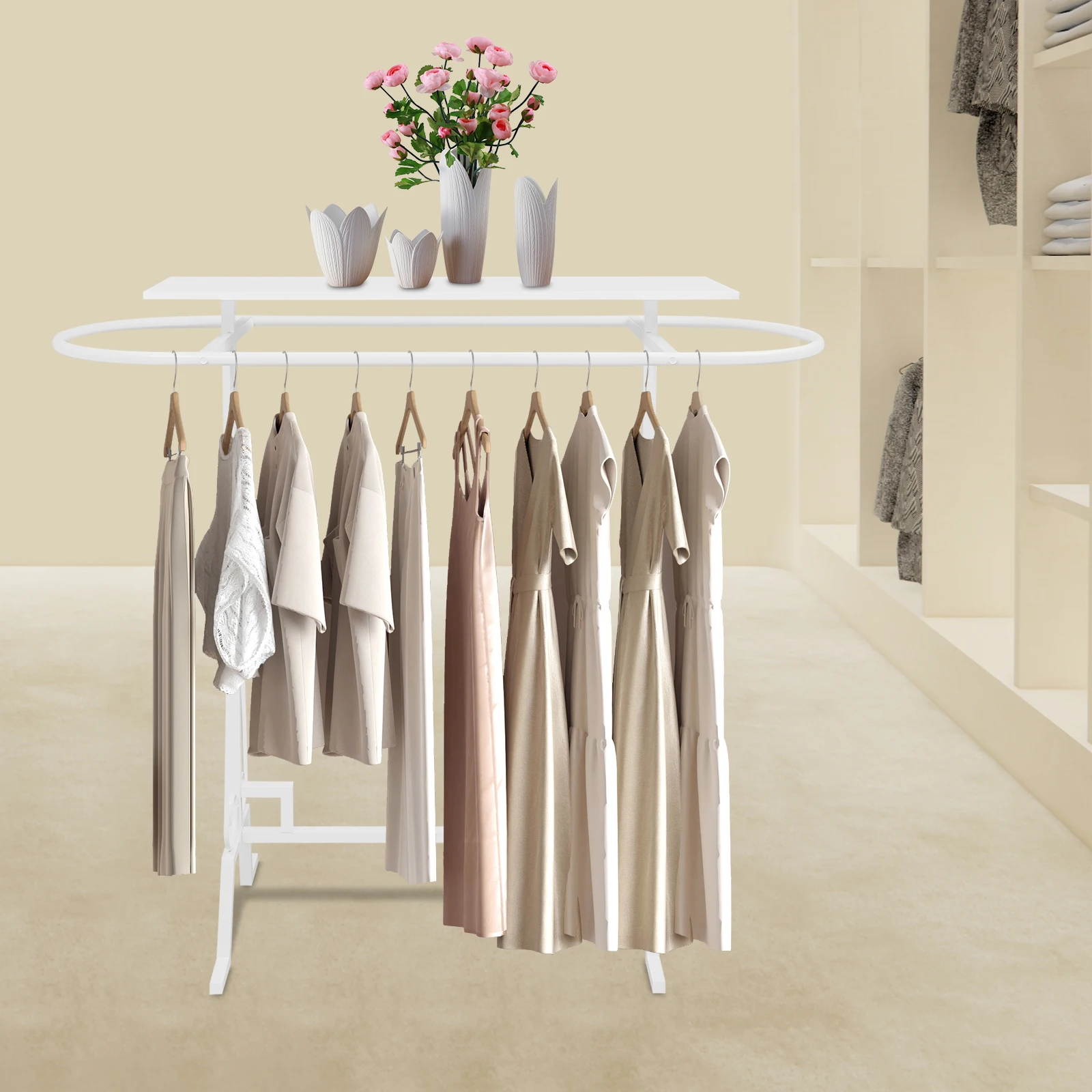 رف ملابس حديث 2 في 1 مع رف، رف ملابس أبيض قائم بذاته مع شماعة بيضاوية ولوحة تخزين لغرفة النوم والمنزل والمتجر