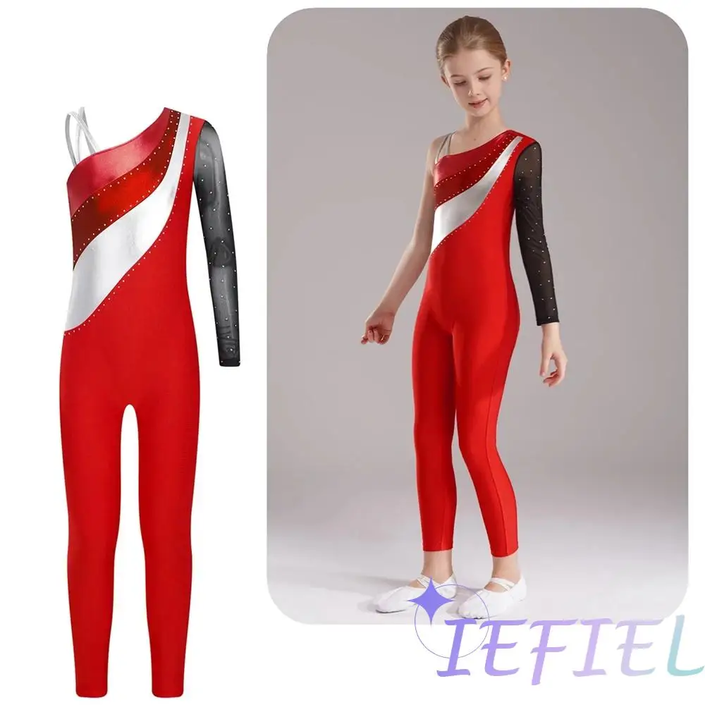 Children Girls One Shoulder Contrast Color Jumpsuit Sheer Mesh Splice Bodysuit for Figure Skating Ballet Gymnastics Dancewear