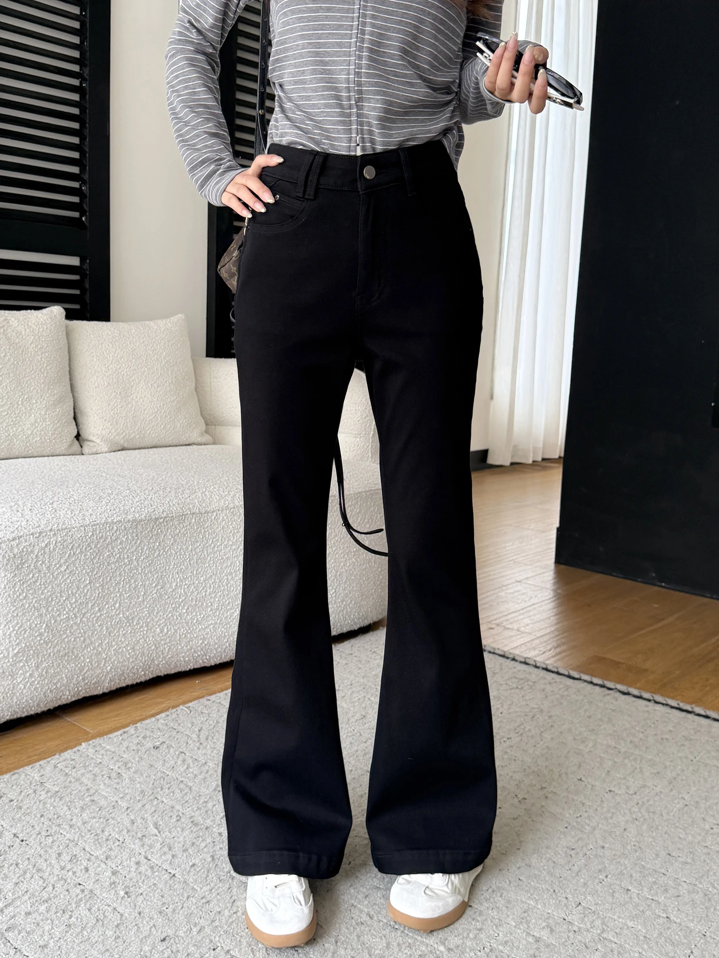 

High Waist Flared Jeans Women's Elastic Bla Rigid Cotton High Waist Micro Flared Denim Spring Season Comfortable Breathable
