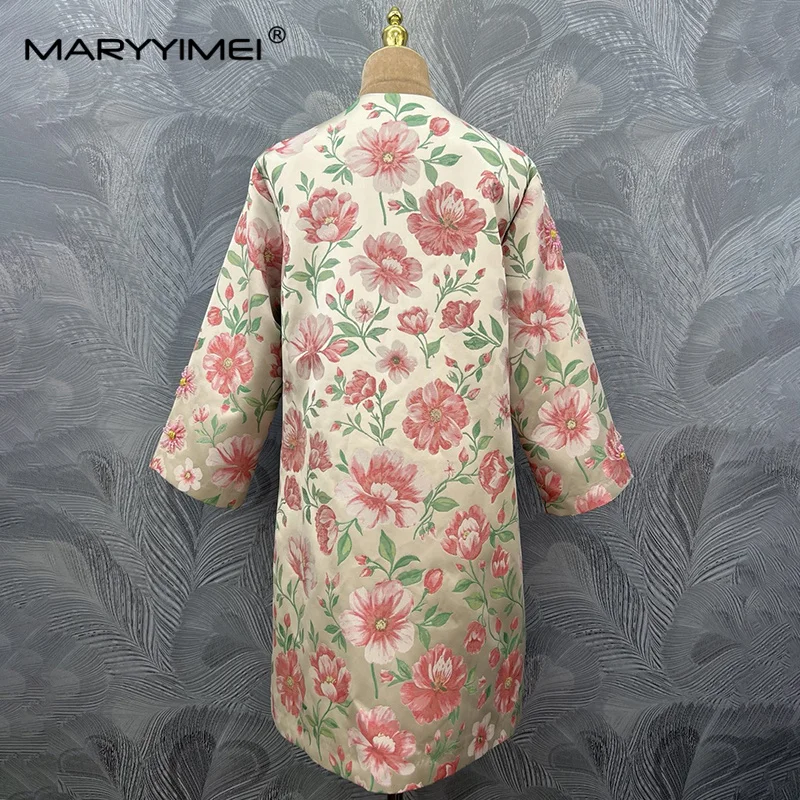MARYYIMEI 2026 Autumn Fashion Women's New Stitching Beaded Jacquard Long coat Round Neck Long Sleeve coat