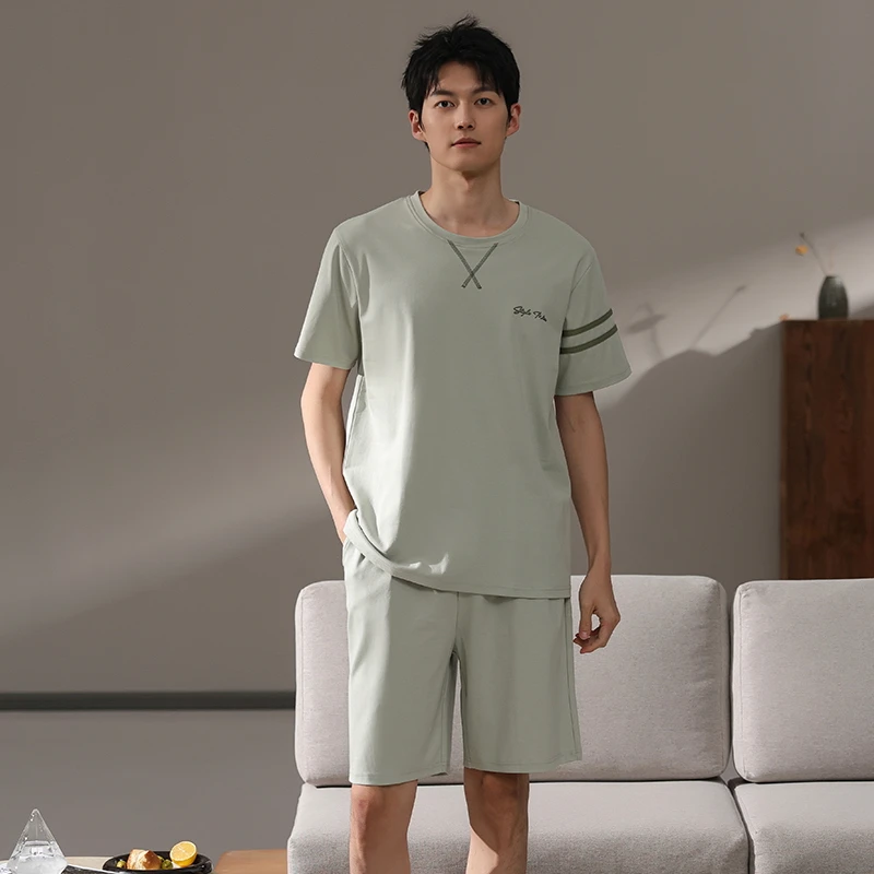 MiiOW 2 Piece Set Pajamas for Men 100% Cotton Summer Men's Short-sleeve Shorts Sleepwear Leisure Teenager Nightwear Loungewear
