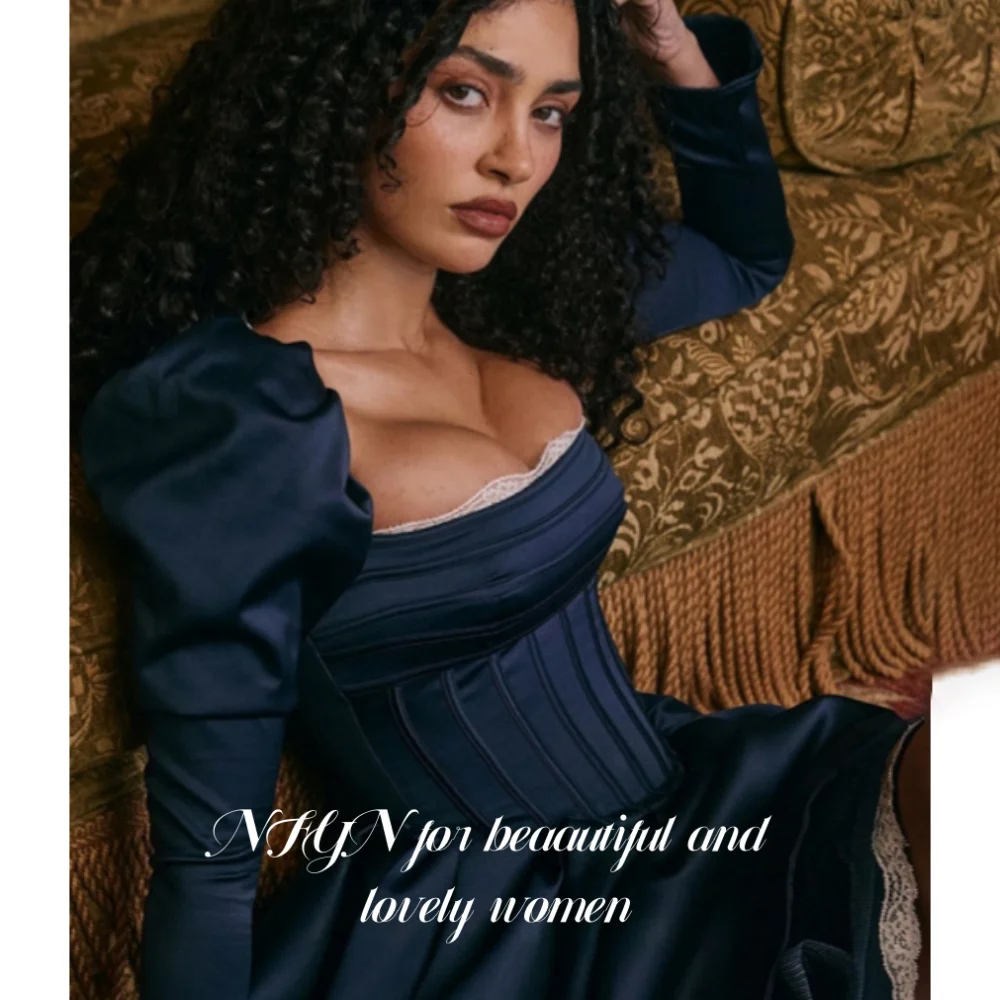

NFYN Navy Blue Elegant Formal Gown Square Long Sleeves Prom Dress Satin Mermaid Evening Dresses for Woman robe de bal Customized