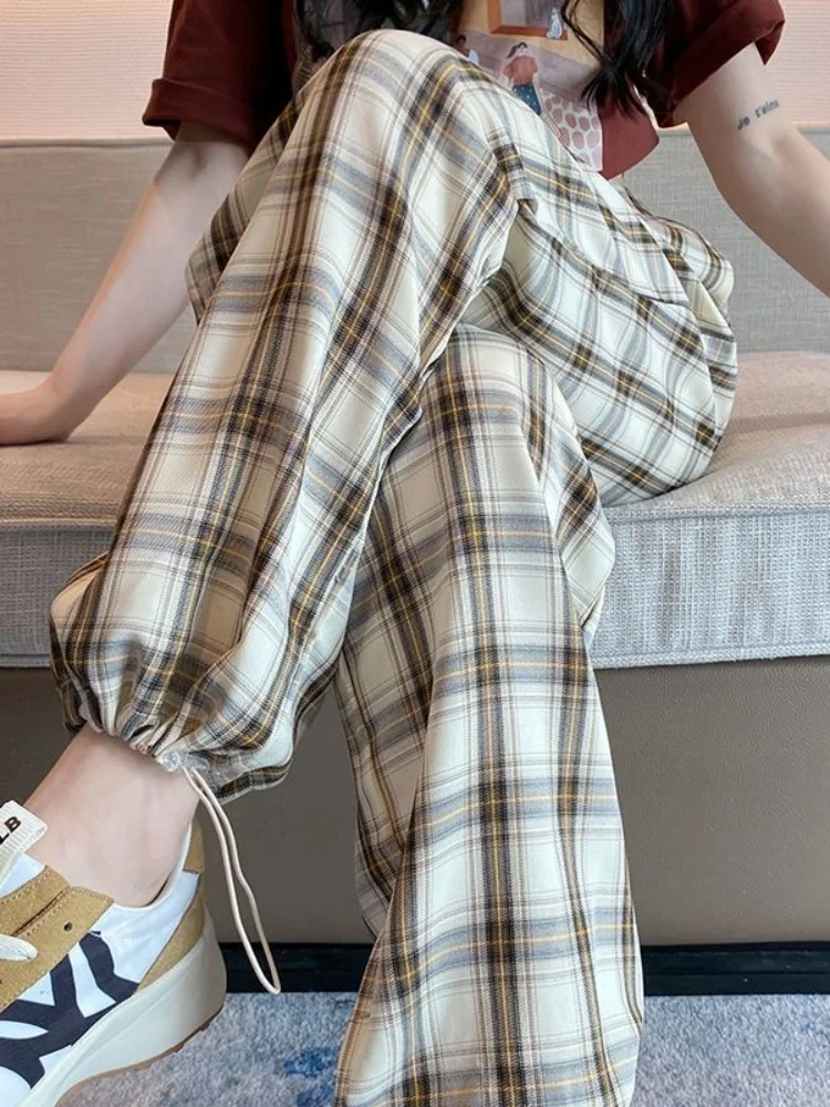 

High Waist Wide Leg Pants Women's Summer Loose Fit Drawstring Trousers Ice Silk Plaid Nine Points Straight Cut Pants