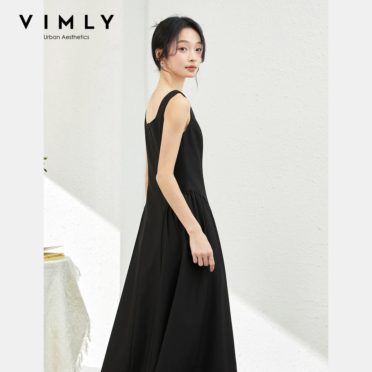 VIMLY Black French Square Neck Suspender Dress 2025 Woman Autumn Sleeveless Waist Vest Buttons Waist Long Ladies Dress A1709