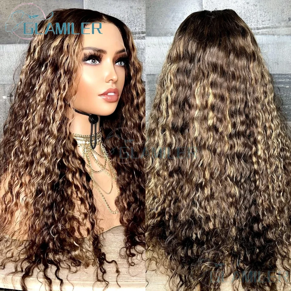 Wig keriting 13x6 akar cokelat ketebalan 180 Wig Frontal 4/27 sorot Ombre HD gelombang dalam 13x4 Wig depan renda rambut manusia dasar sutra