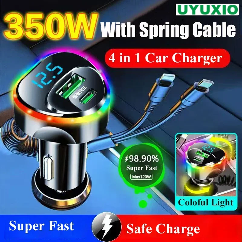 UYUXIO Multi Port USB C Car Charger Adapter with 3.3ft Cable Voltage Monitor 4 in 1 Super Fast for iPhone 16 15 Pro Max Samsung