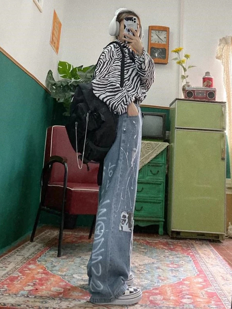 Cool Women Denim Vintage Girl Fashion Harajuku Baggy Pants Ulzzang Funny Ins Trousers Femme Summer Straight Jeans Streetwear