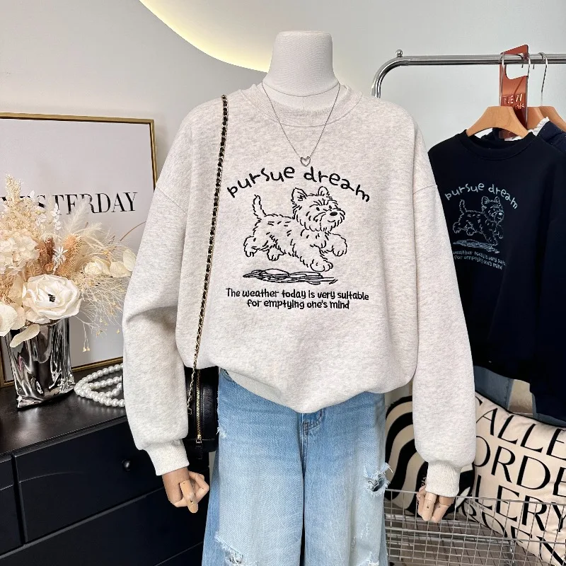 2025 شتاء جديد الكورية نمط سترة موضة الكرتون الكلب التطريز فضفاض سميكة بلوزة من الصوف السيدات البنطال القصير هوديس