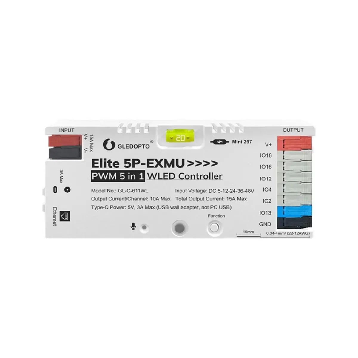 A72U  Elite 5P-EXMU PWM 5-in-1 WLED Controller DC 5-48V 15A RGBCCT/RGBW/RGB/CCT/Dimmer WiFi+Ethernet LED Strip Light Driver