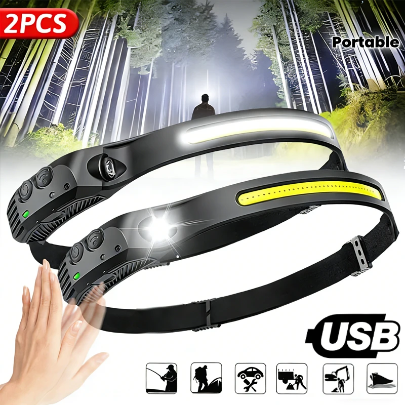 LED Sensor Headlamp Built-in Battery USB Rechargeable COB Head Flashlight Headlight LED Head Torch Camping Fishing Search Light