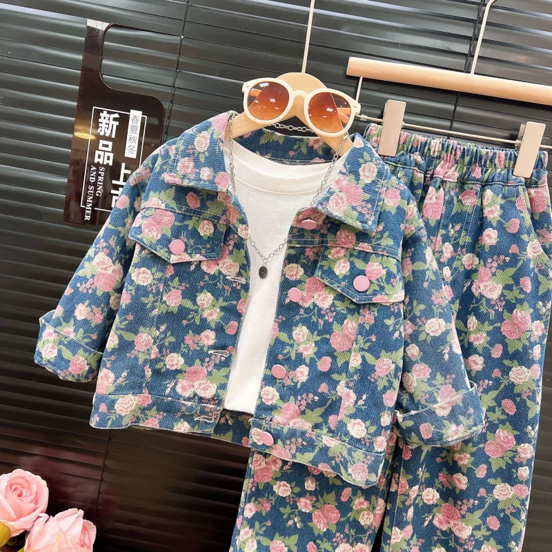 Children's Clothing2025Autumn New Girls Full Print Denim Set Fashion Jacket and Long Pants Two-Piece Set