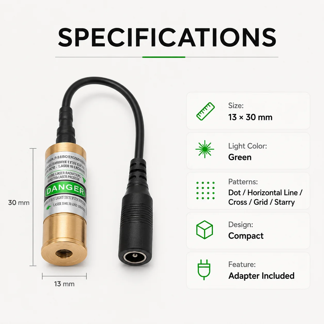 ZhonNa 13x30mm Green Laser Module Dot Line Cross Grid Starry Pattern Compact Tool Power Adapter Instrument Meter Accessories Kit