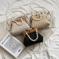 Fashion Weave Straw Shoulder Bag for Women Summer Wooden Top Handle Clip Bag Luxury Designer Handbags Trend Female Handbag