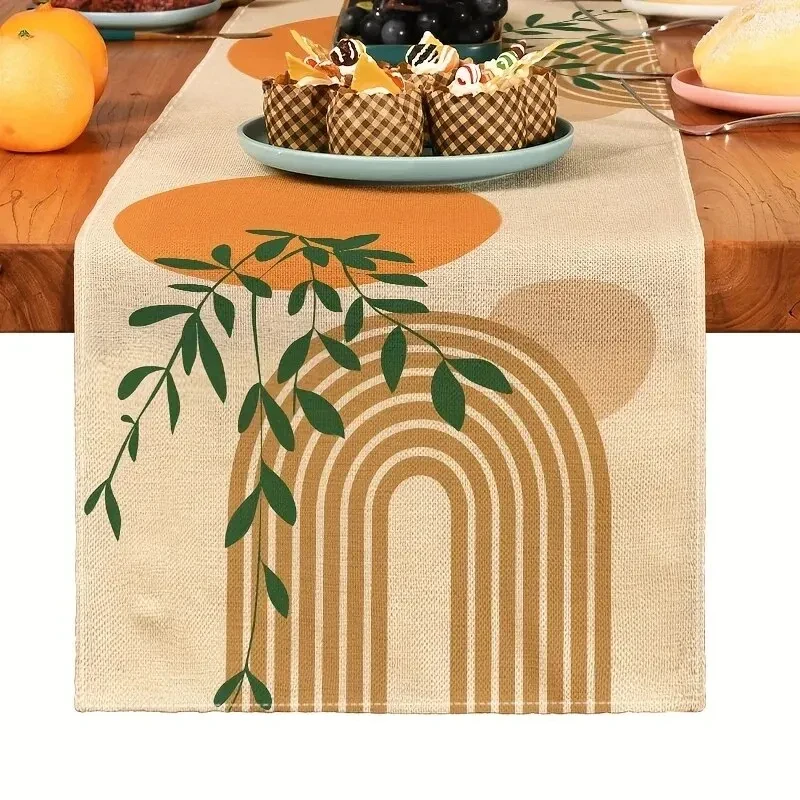 VIKAMA Neutral Abstract Leaf Rainbow Print Table Runner, Wrinkle Resistant Long Table Cover Minimalist Kitchen Party Decoration
