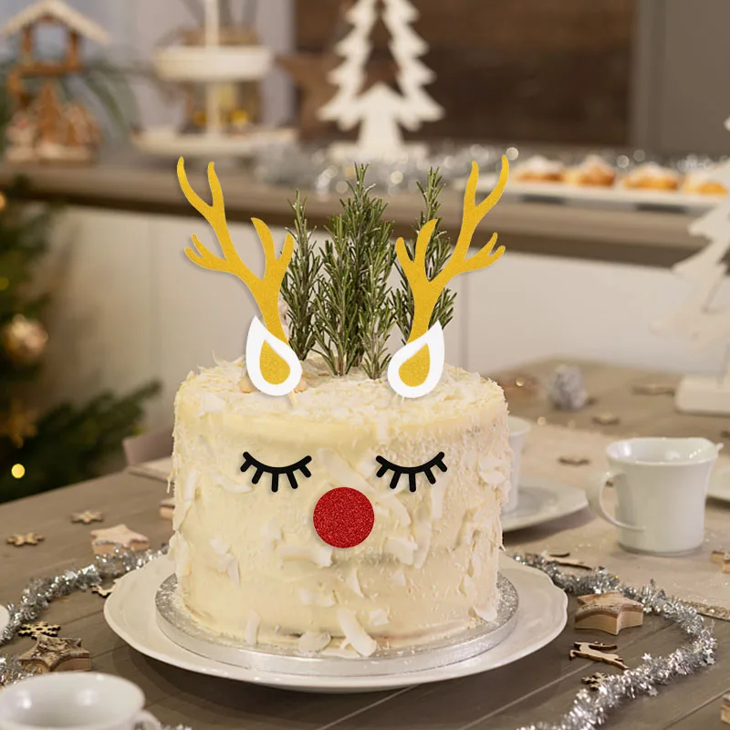 1Set Christmas Reindeer Cake Decoration Elk Antler Cake Topper with Cute Eyelashes Nose Cupcake Wrapper Xmas Noel Party Supplies