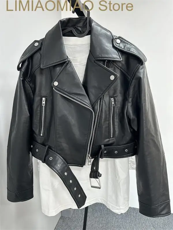 New Coal graysty le Women's washed leather jacket with belt, short coat with downgraded zipper and vintage lapel jacket