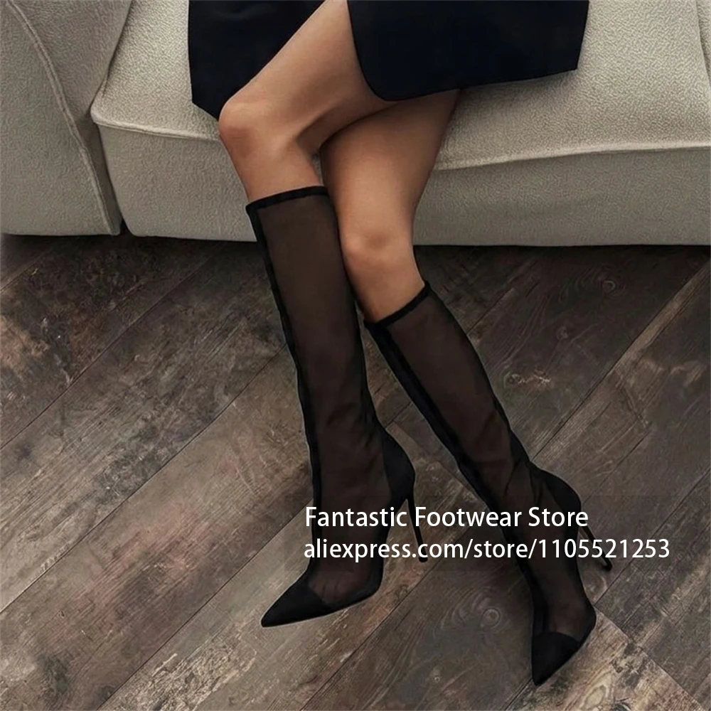Sheer See Through Mesh Knee High Boots Pointed Toe Stiletto Summer Boots Back Zip Fashion Sandal Boots for Women Nightclub Heels