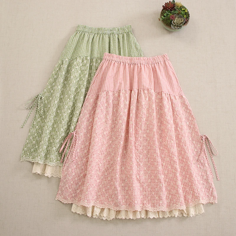 

Spring New Japanese Sweet Mori Girl Vintage Plaid Embroidery Cotton Skirts Women Elastic Waist Loose Double-layer A-Line Skirts