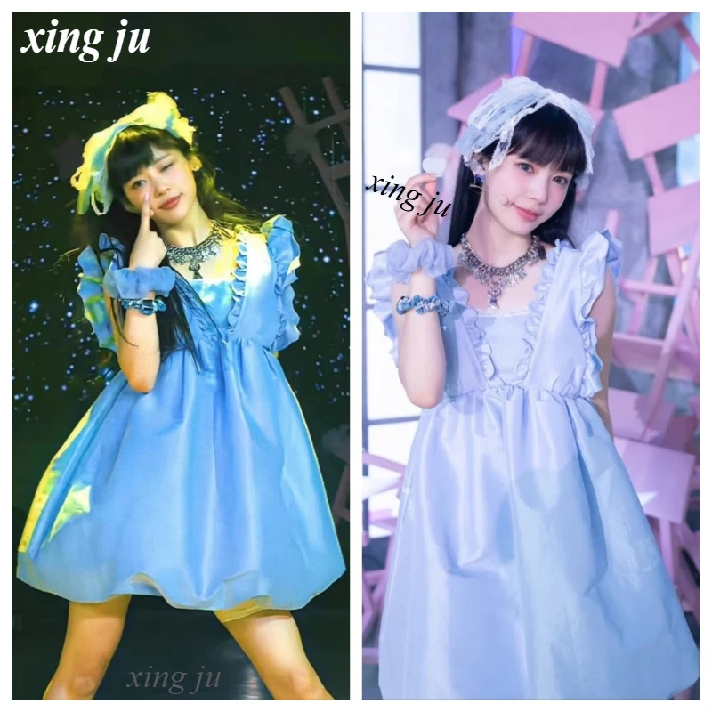 

Kpop Korean Singer Birthday Party Girls Blue Ruffled V-neck Princess Short Dress Women Jazz Dance Performance Clothes Stage Wear