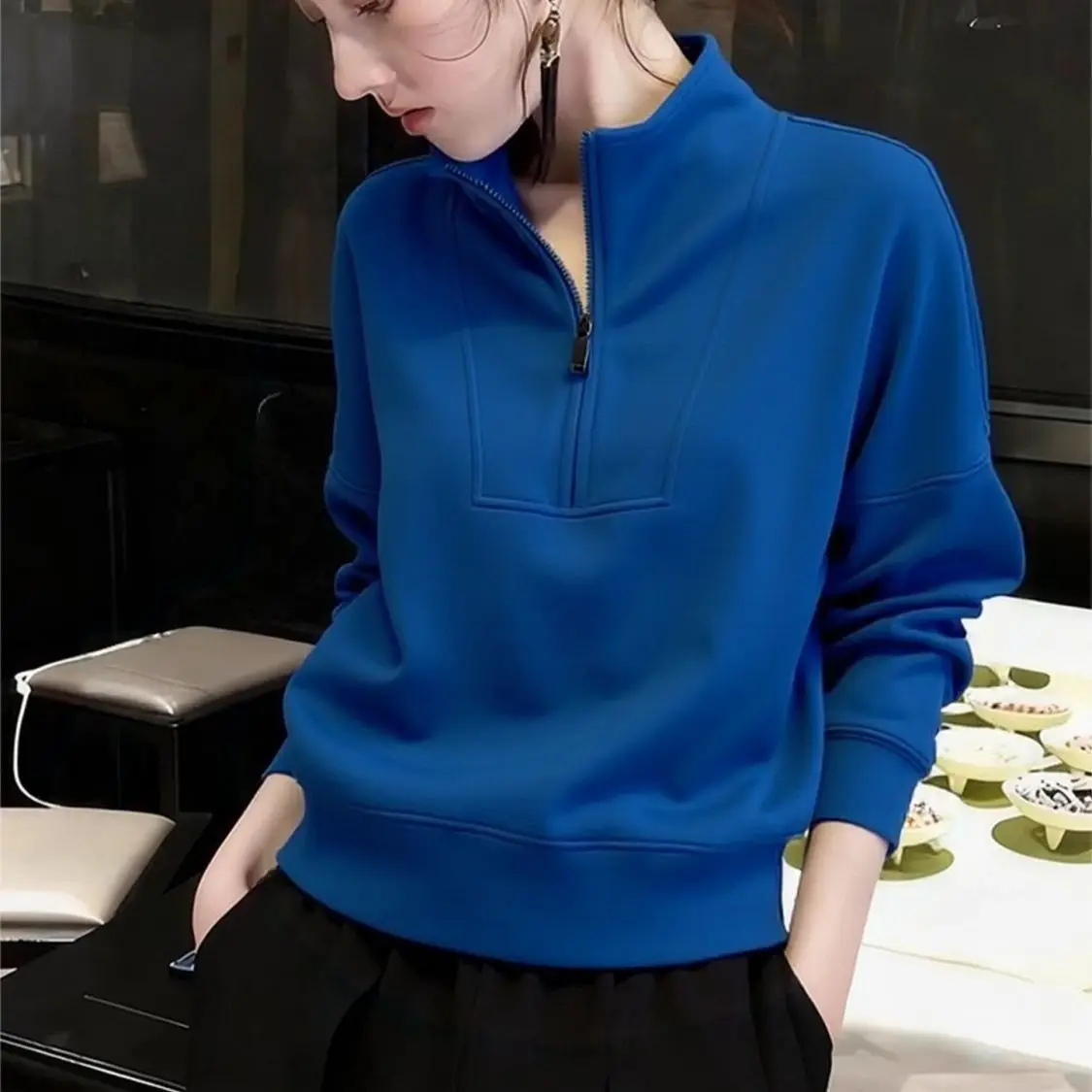 Klein Blue Stand Collar Sweatshirt for Women, Autumn/Winter 2026 New Arrival, Trending Trend, Stylish and Chic Top for Outerwear