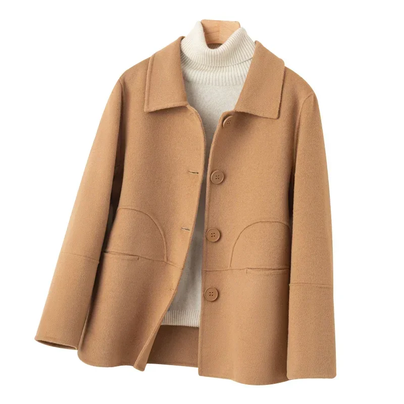 

Short Women's 100% Wool Coat Double-Sided Woolen Polo Collar Jacket Spring and Autumn Buckle Coat Loose and Comfortable