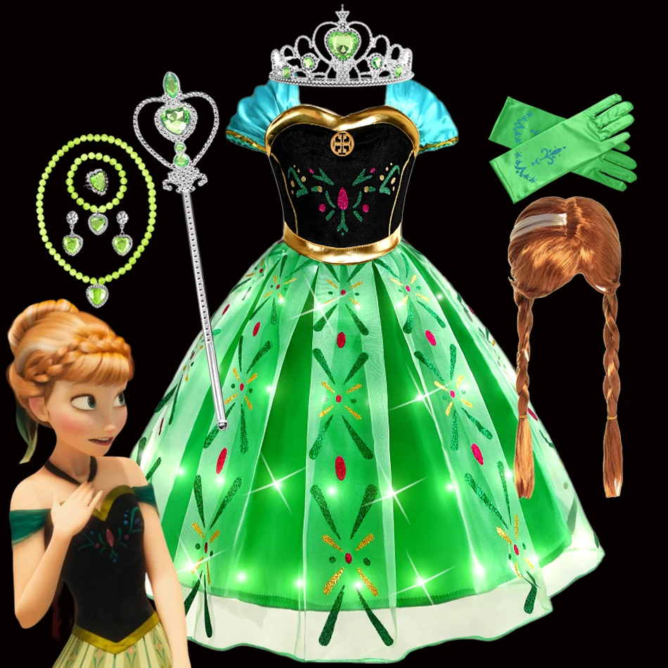 

Disney Frozen Anna Princess LED Light Up Dress Girls Costume Luminous Halloween Kids Cosplay Carnival Children Party Dress