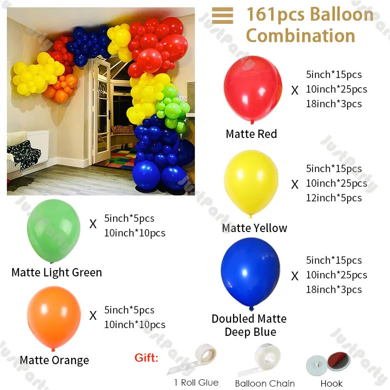 161pcs Doubled Matte Deep Blue Balloon Garland Kit Kids Birthday Party Decoration Matte Yellow Red Green Orange Balloon Arch Set