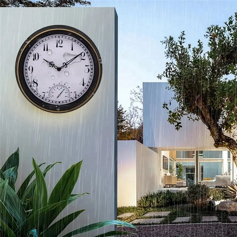 GOOD-Outdoor Waterproof Wall Clock With Thermometer IP44 Vintage Round Garden Decor Clock 12 Inch Outdoor Clock