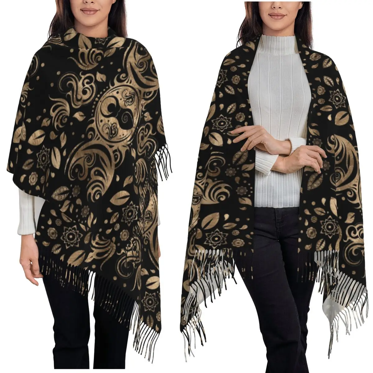 

Тройная луна с пентаграммой Triskelion, языческий викканский шарф, шарфы с кисточками для женщин, шали и накидки, большая осенне-зимняя шаль, накидка