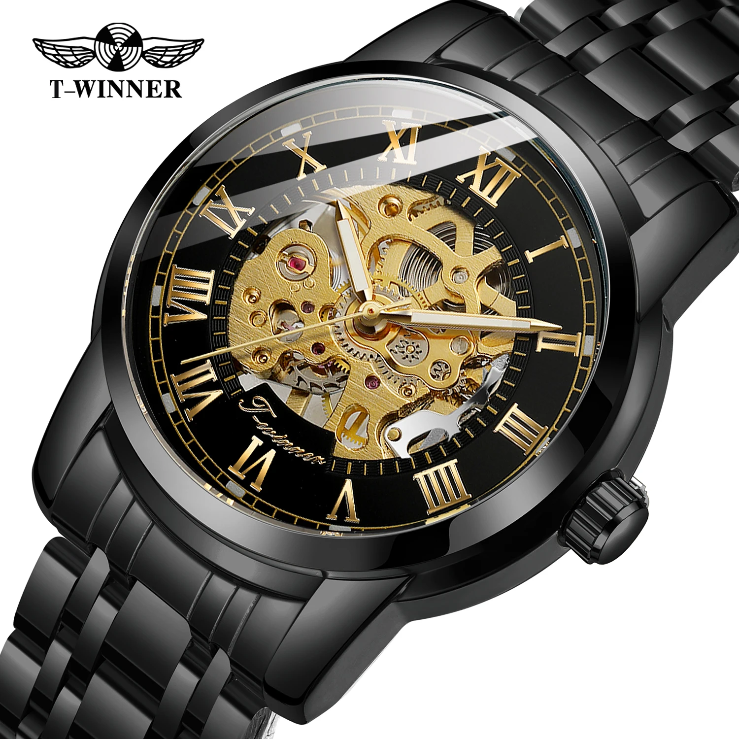 

T-WINNER модные роскошные мужские автоматические механические повседневные часы со скелетом, спортивные наручные часы из нержавеющей стали со светящимися указателями