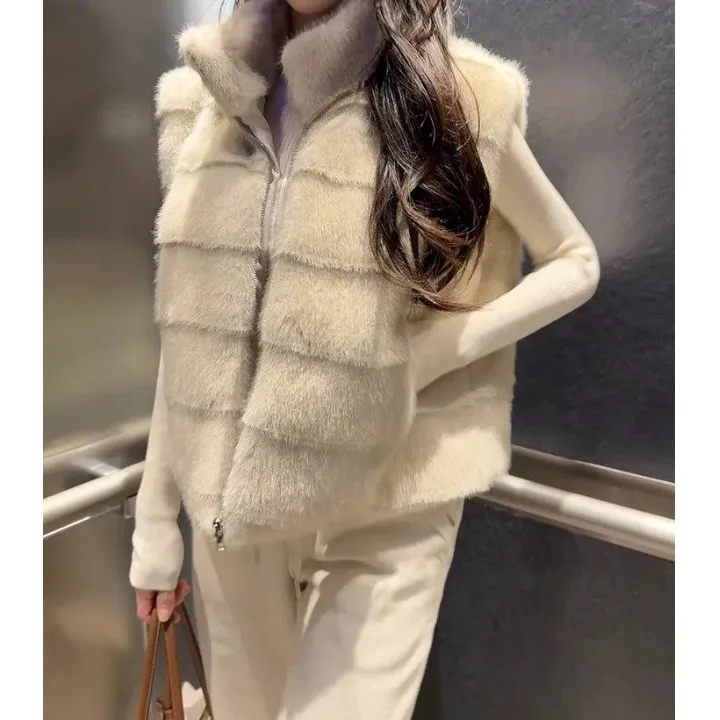Retro Koreańska Kamizelka z Kołnierzem Stójką i Sztucznym Futrem Damska Jesienno-Zimowa Ciepła Bez Zamek Błyskawicznych Płaszcz Młodzieżowy Dojazdy Do Pracy Cała Skóra
