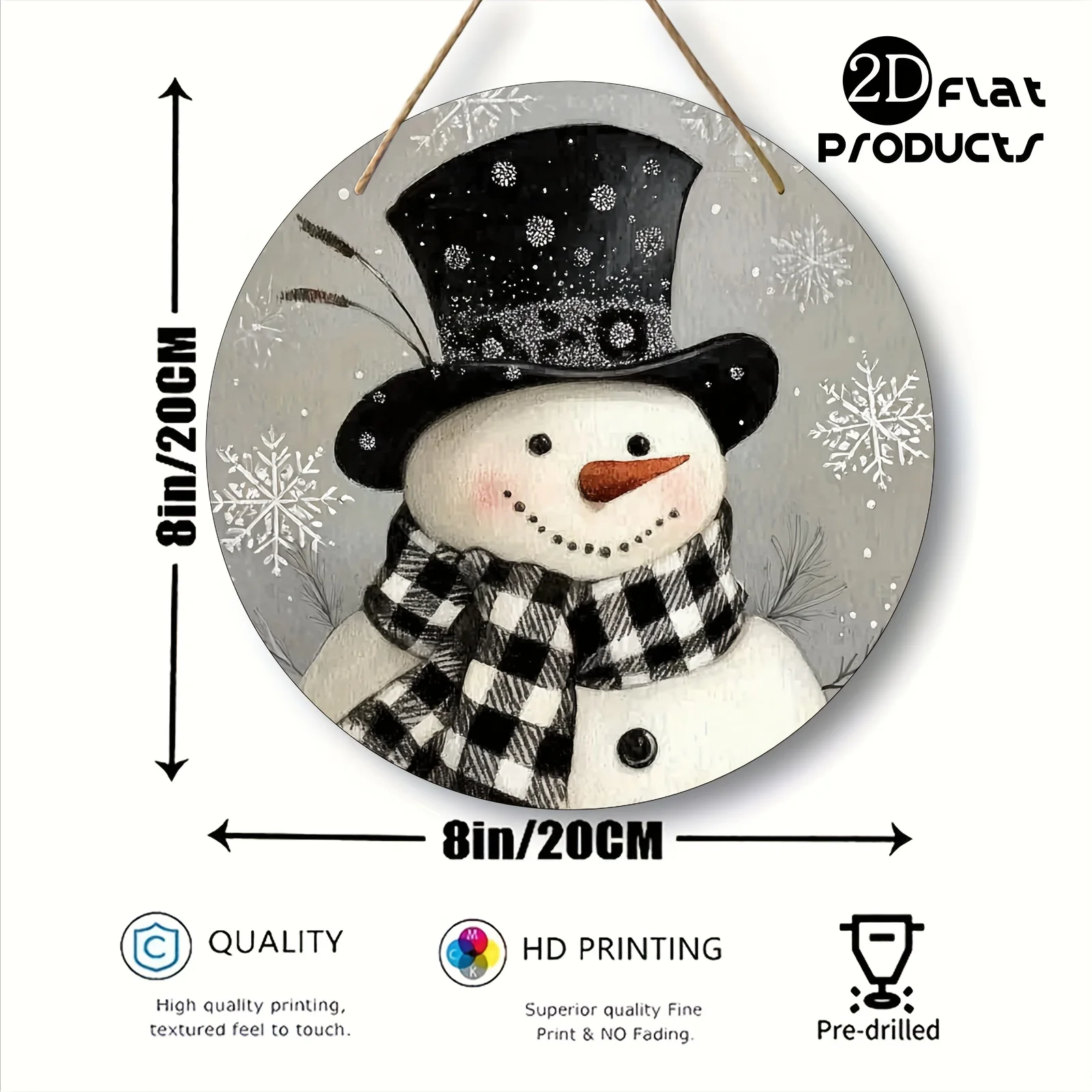 2D Flat - A 2D Flat Design Featuring a Snowman (5) Themed Round Wooden Sign Decorative Art Piece, Made with High-Quality Materia