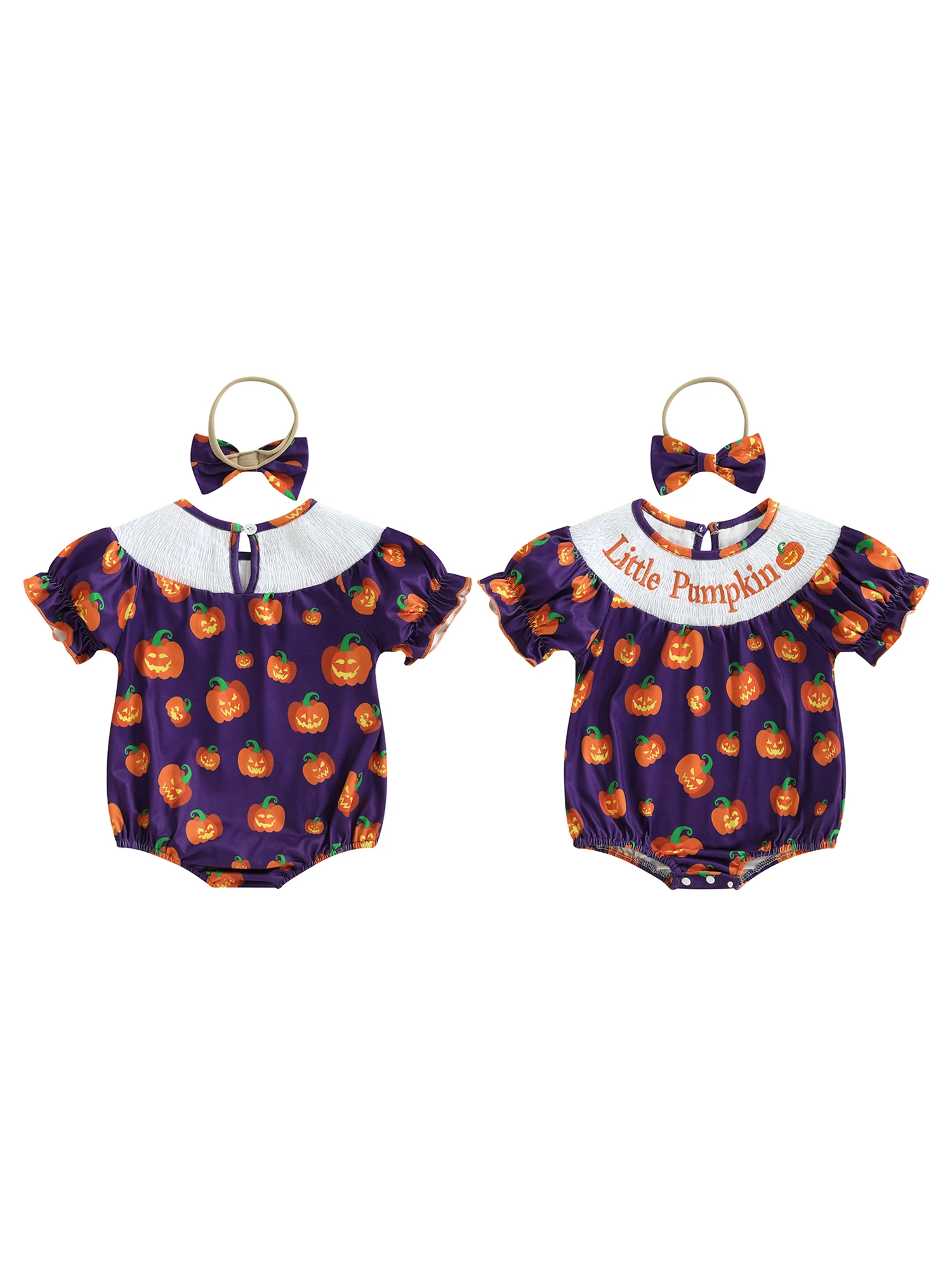 

Infant Girls Halloween Rompers with Pumpkin Print and Headband Set Short Sleeve Bodysuits Jumpsuits featuring Letter Embroidery