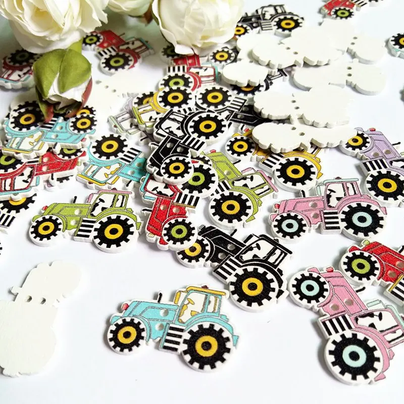 50pcs/lot Randomly Mixed Decorative tractor Buttons For Craft Sewing Scrapbooking 2-Hole  Wooden Buttons