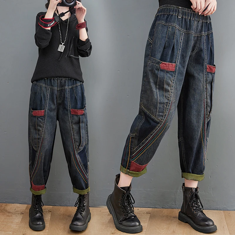 

Винтажные джинсовые джинсы с эластичной резинкой на талии, лоскутные брюки Харлан с вышивкой, девять очков, большие размеры, женская одежда