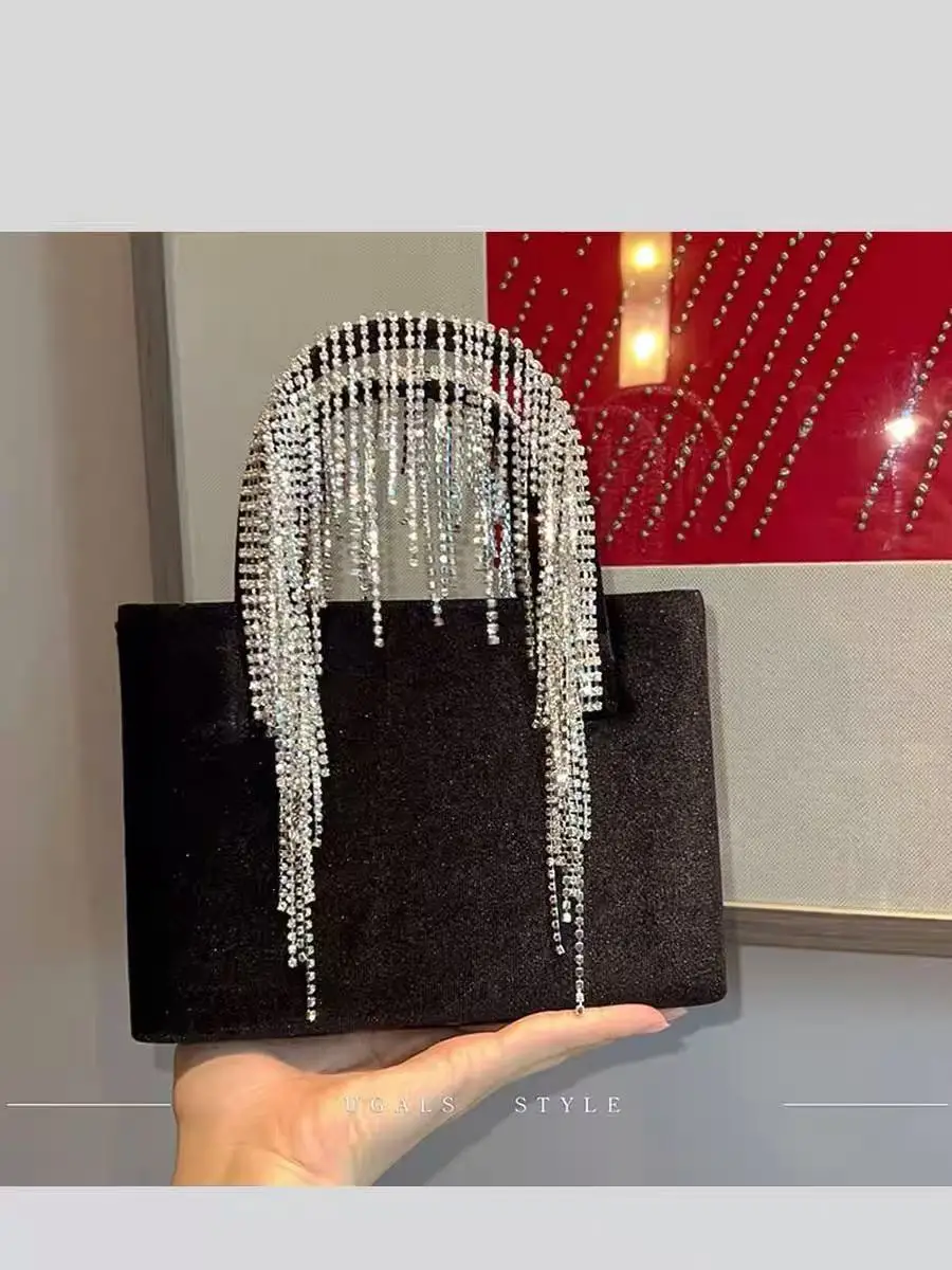 

Glitter Shiny Diamond Tassel Square Bag Fashion Velvet Banquet Bag Wedding Party Clutch Purse Women Handbag Luxury Evening Bag