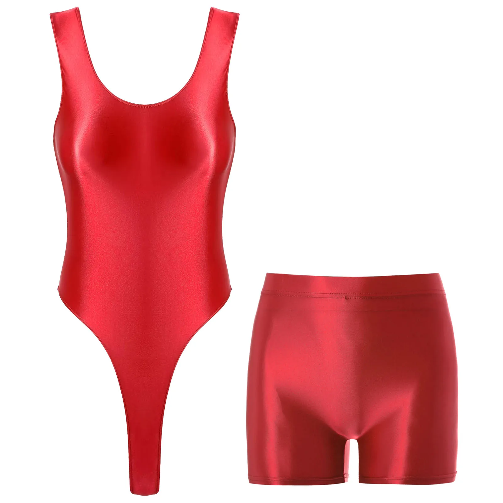 Women Glossy Bodysuit Swimsuit Set Elastic Sleeveless High Cut Thong Leotard with Booty Shorts Swimming Bathing Suit Swimwe﻿ar