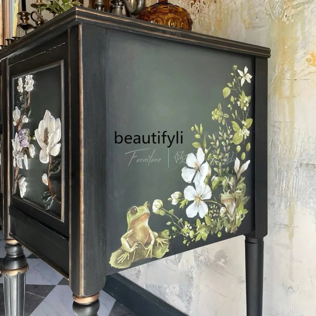 American solid wood simple hand-painted painted porch cabinet living room decorative cabinet French partition storage cabinet