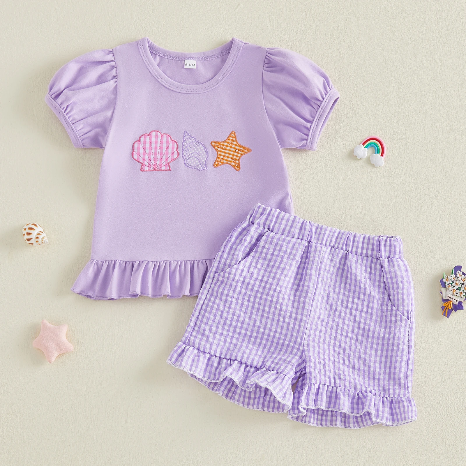 0-4Y Toddler Baby Girl Summer Outfit Starfish Conch Seashell Embroidered Short Sleeve T shirt Tops Plaid Shorts 2 Pcs Set