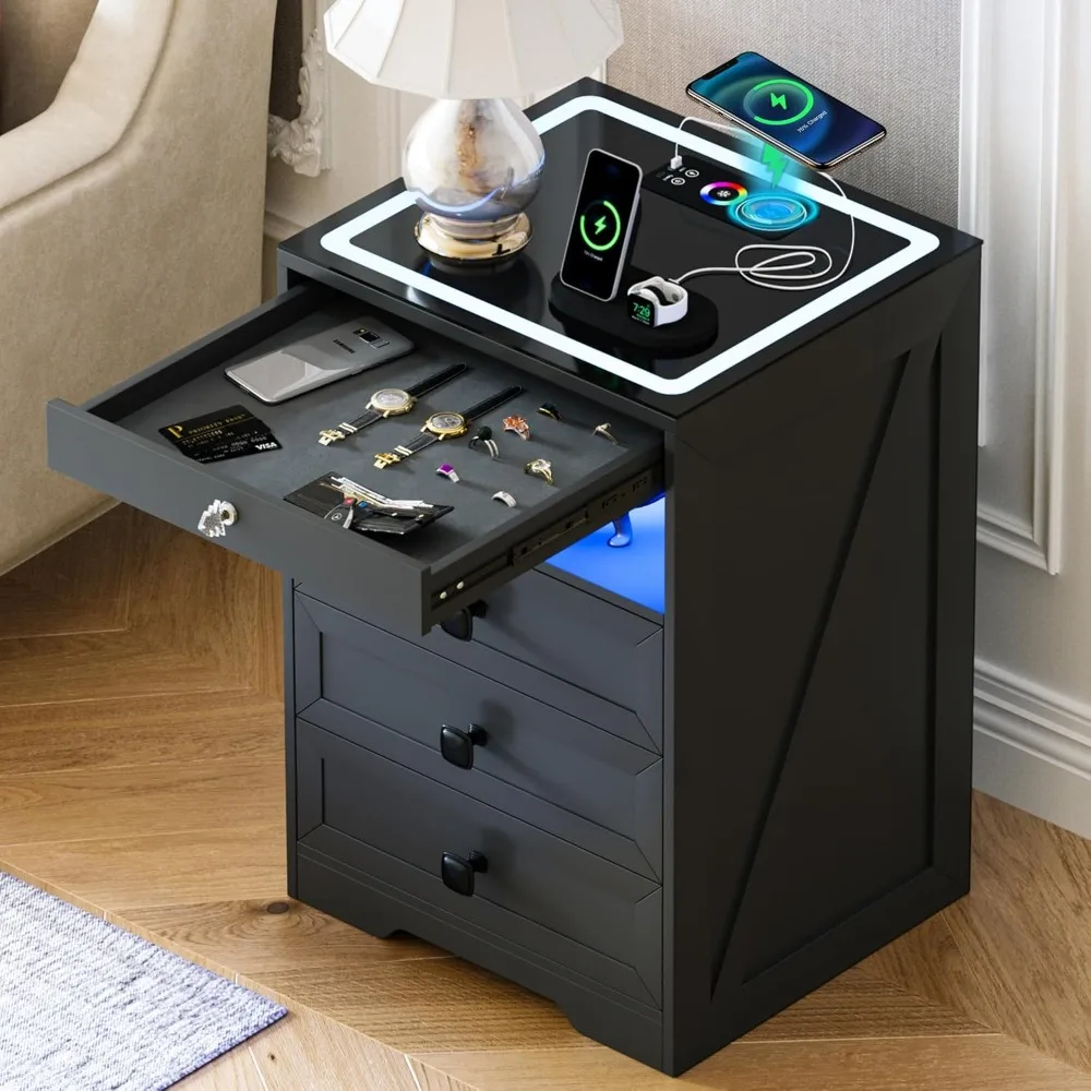 隠し引き出し付きLEDナイトスタンド、充電ステーション付きロック可能なナイトスタンド、自動センサーライト付きベッドサイドテーブル、寝室、グレー